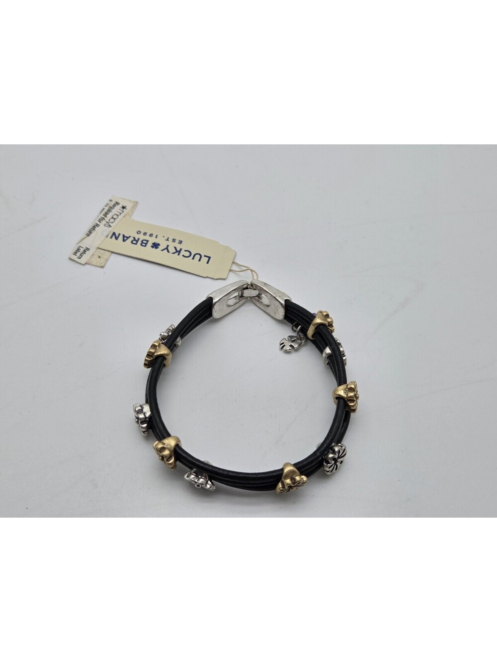Lucky Brand Black Leather Wrap Bracelet Gold & Silver Tone Daisy Flower Charms - Picture 3 of 3